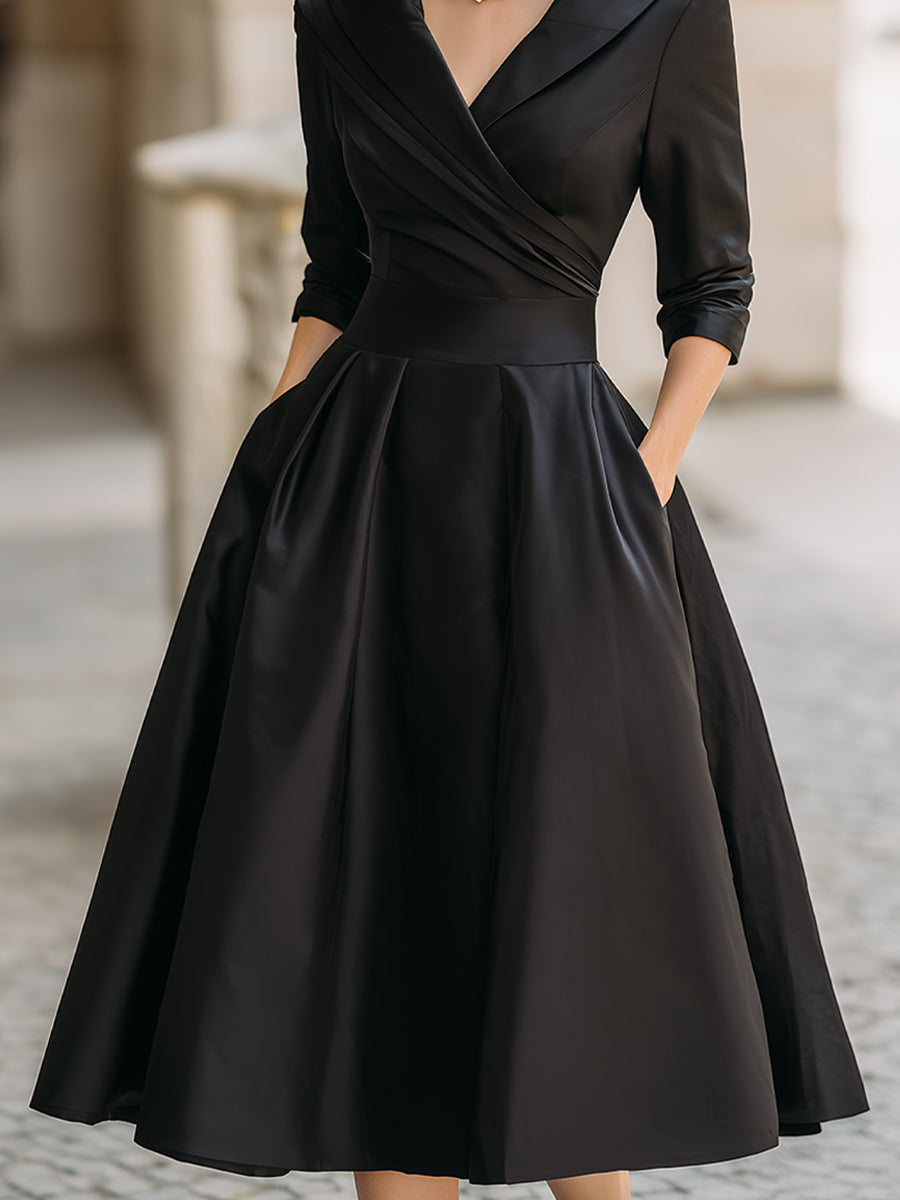 Dökümlü Yakalı Vintage Esintili Saten Midi Elbise