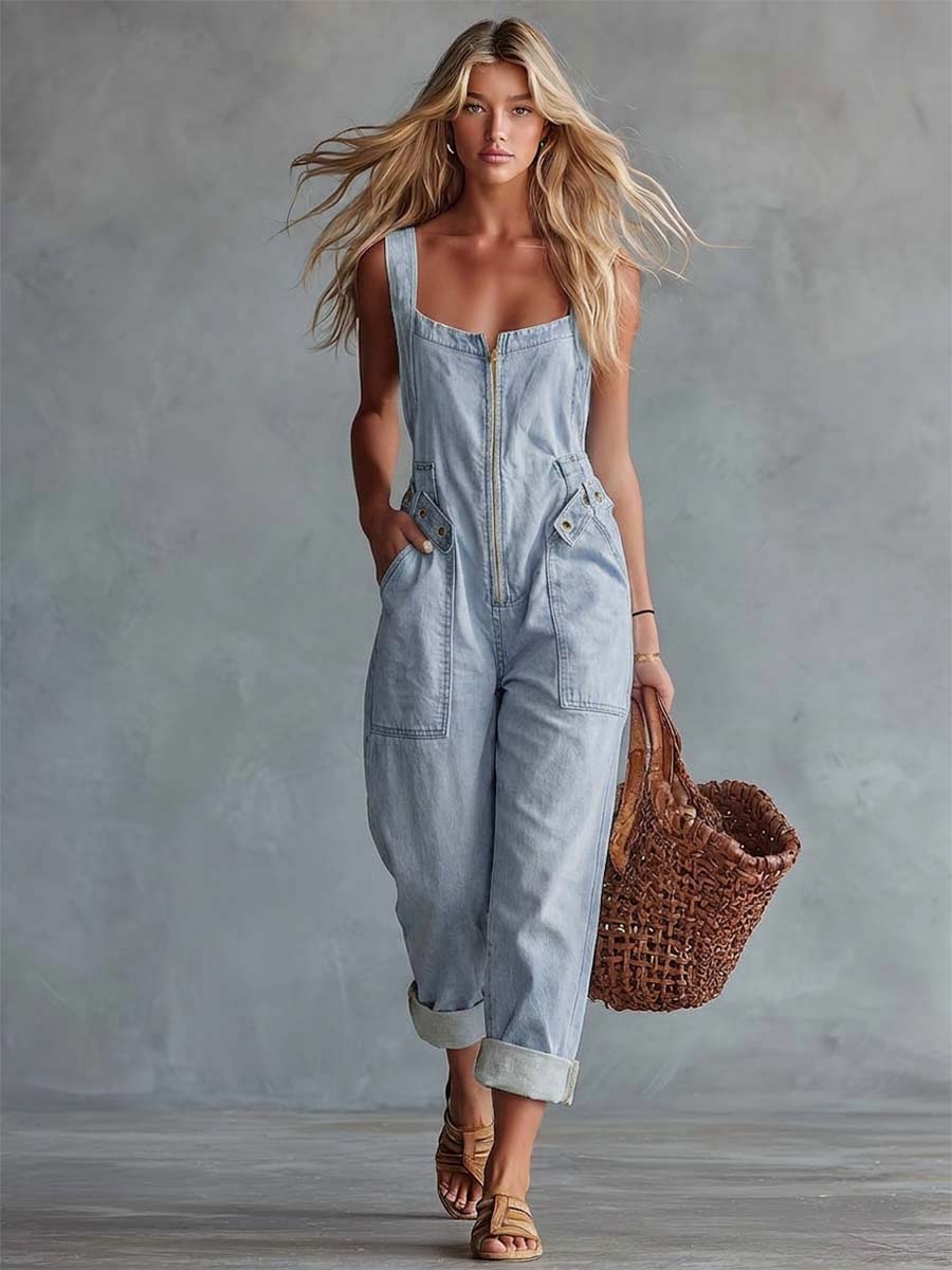 Retro Kare Yaka Ön Fermuarlı Açık Sarı Denim Kadın Tulum