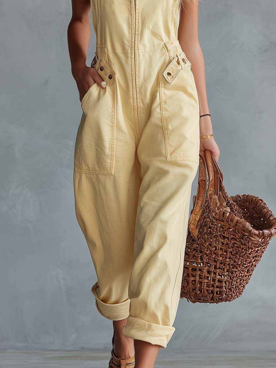 Retro Kare Yaka Ön Fermuarlı Açık Sarı Denim Kadın Tulum
