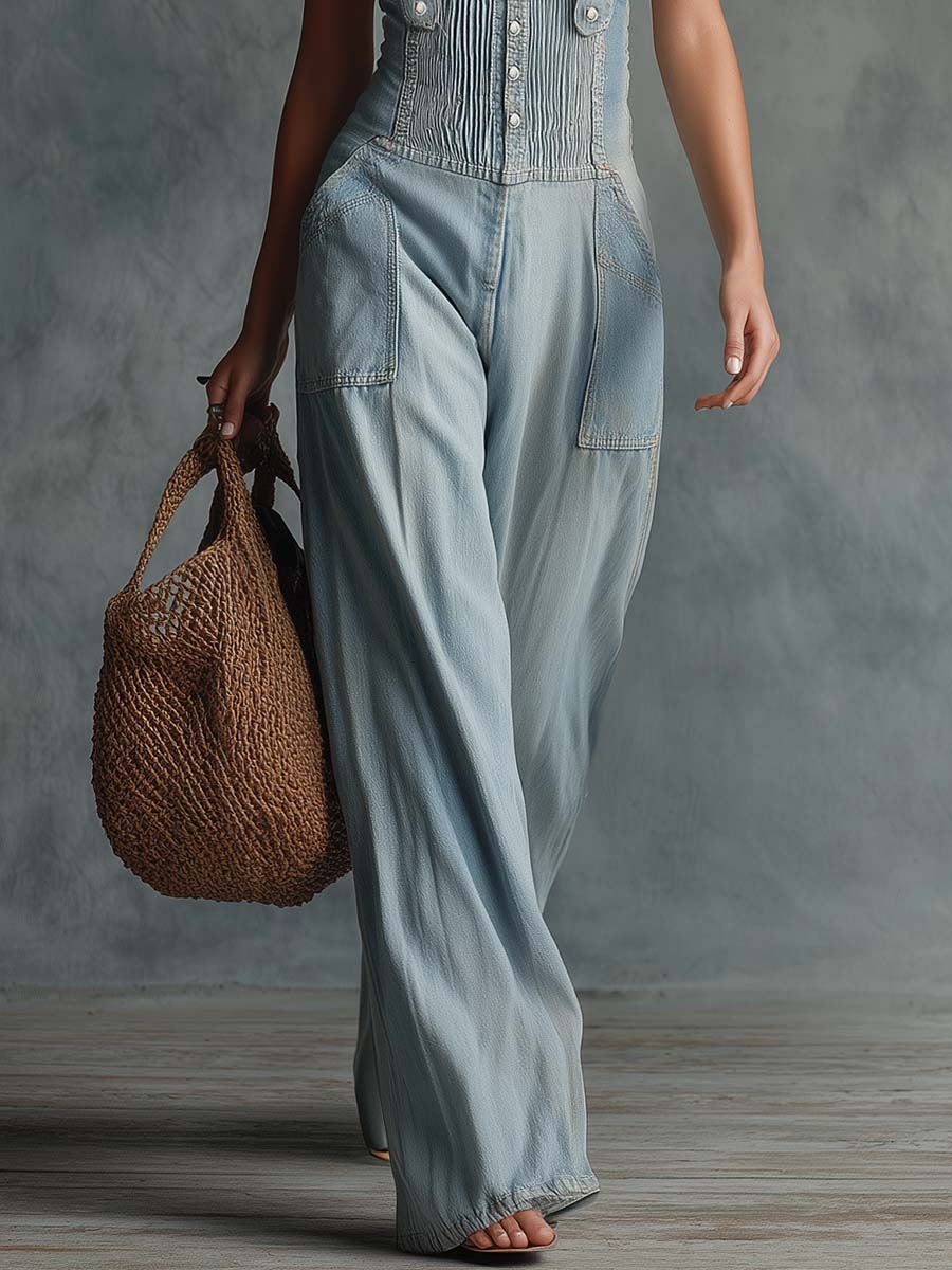 Retro Karakterli Açık Mavi Yırtık Detaylı Denim Salopet Tulum
