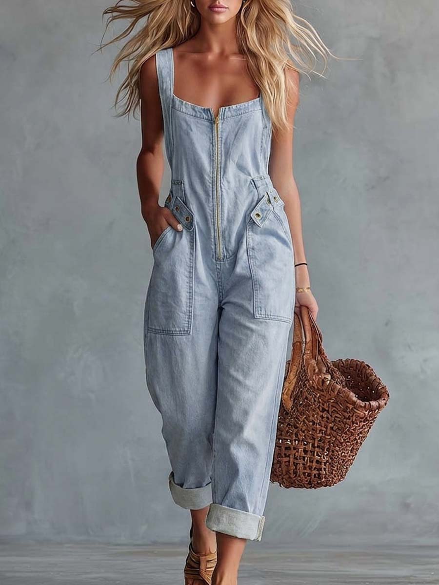 Retro Kare Yaka Ön Fermuarlı Açık Sarı Denim Kadın Tulum