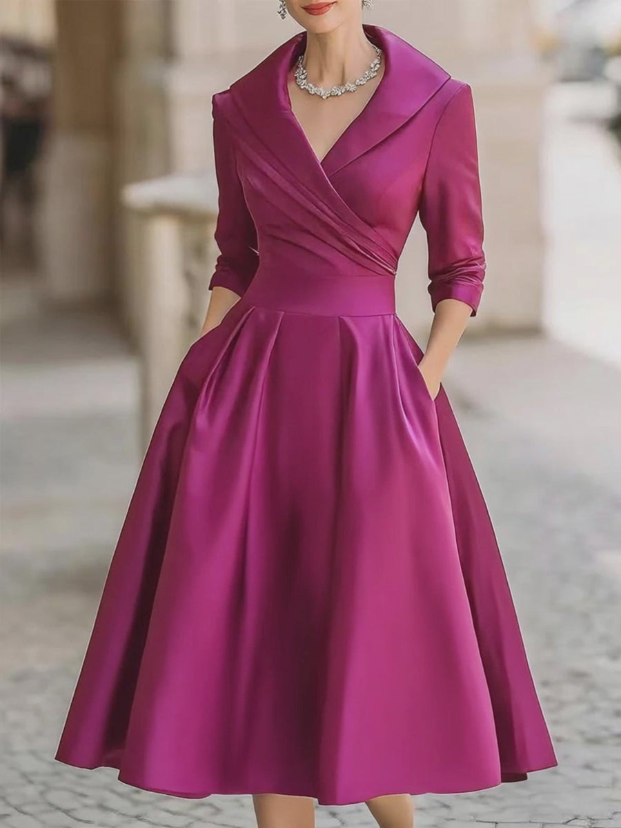 Dökümlü Yakalı Vintage Esintili Saten Midi Elbise