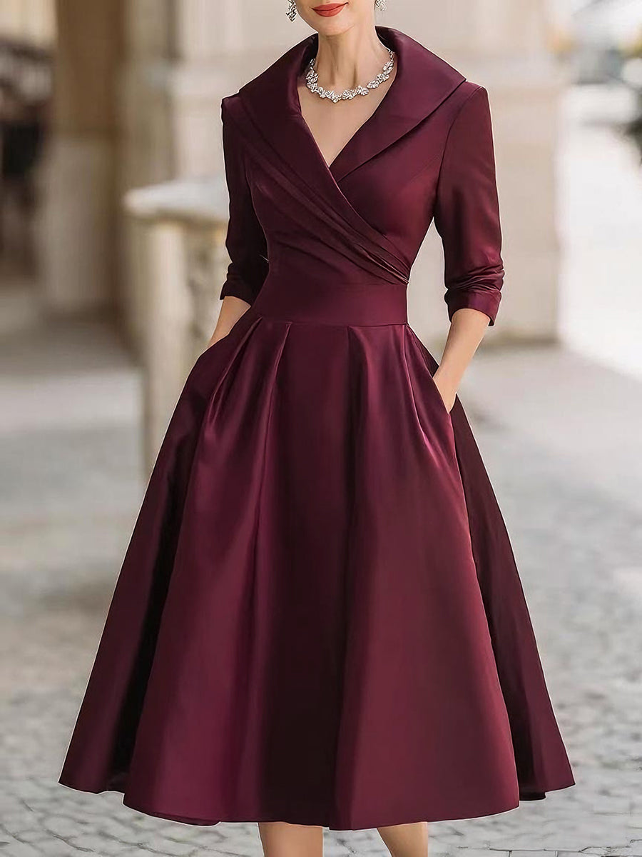 Dökümlü Yakalı Vintage Esintili Saten Midi Elbise