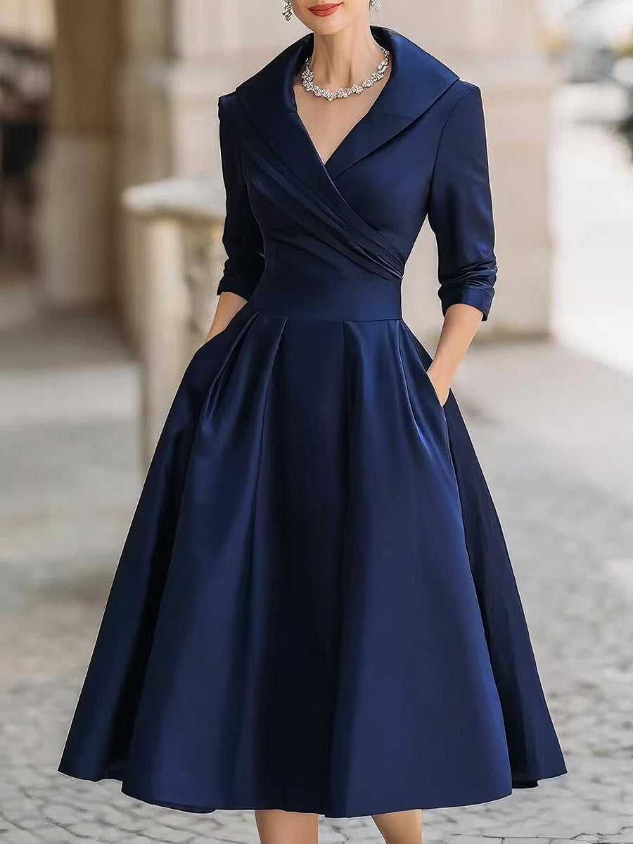 Dökümlü Yakalı Vintage Esintili Saten Midi Elbise