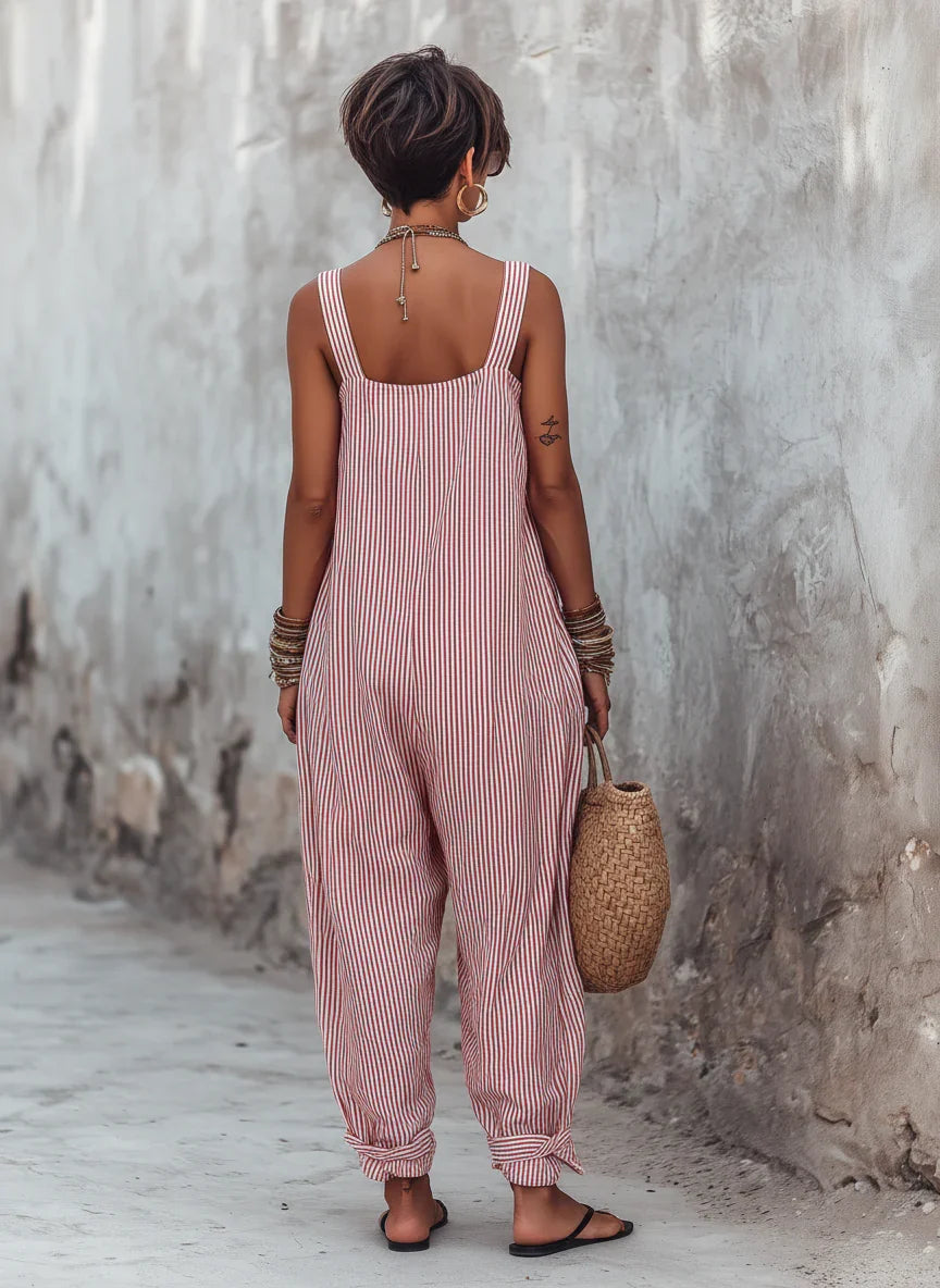 Kadın Minimalist Çizgili Bol Kesim Kare Yaka Kolsuz Tulum