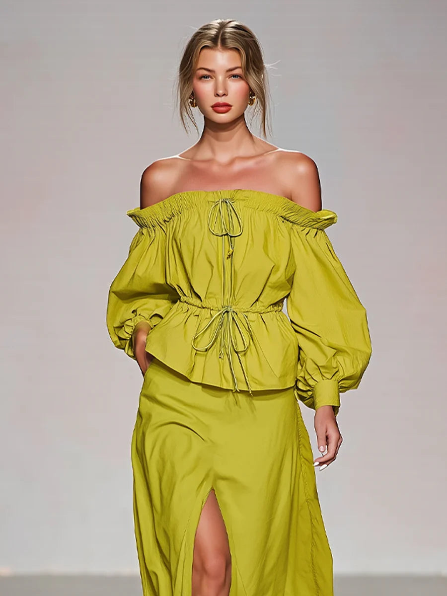 Limon Yeşil Boho Takım – Omuz açık balon kol büzgülü üst ve yüksek yırtmaçlı maxi etek yazlık set