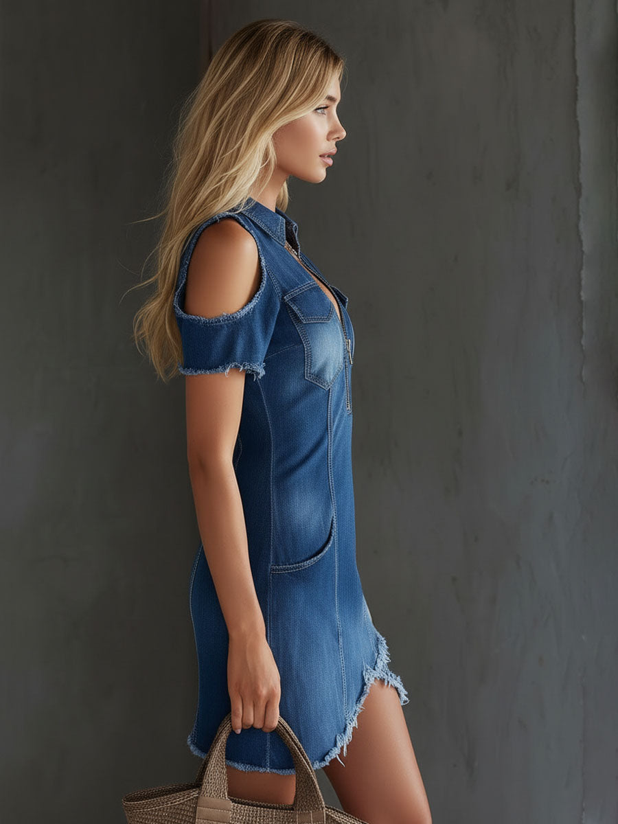 Retro Şık Omuz Dekolteli Fermuarlı Denim Mini Elbise