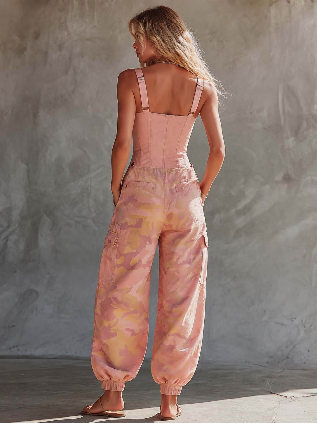 Pembe Kamuflaj Desenli Kadın Kargo Tulum
