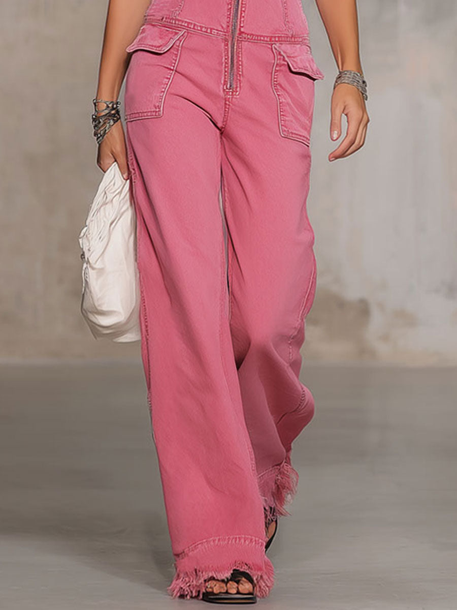 Retro V Yaka Pembe Denim Tulum