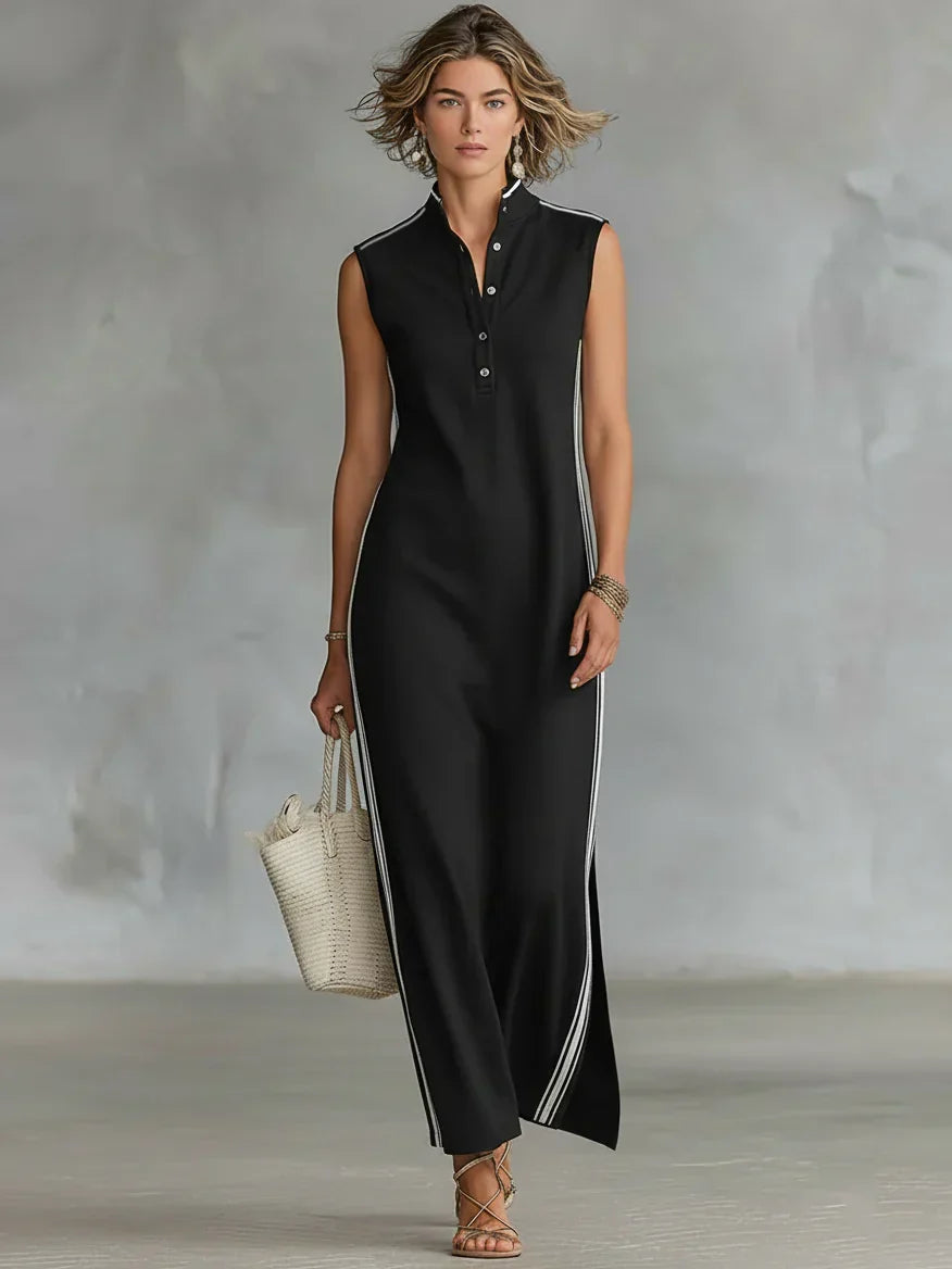 Kadın Minimalist Atletik Tarzda Kolsuz Henley Maxi Elbise