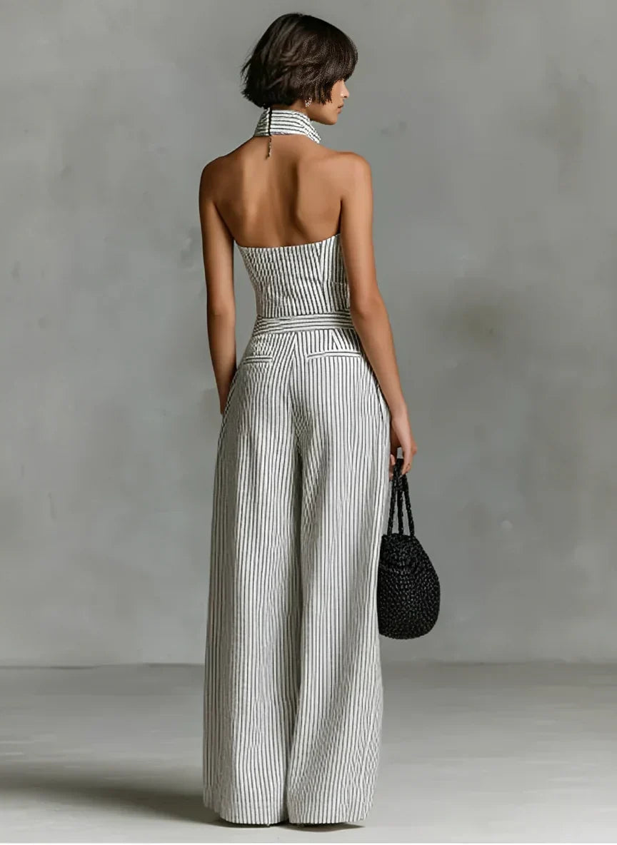 Kadın Minimalist Çizgili Keten Kolsuz Tek Düğmeli Tulum
